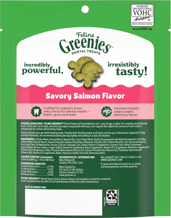 Greenies Feline Savory Salmon 4.6 oz pouch back