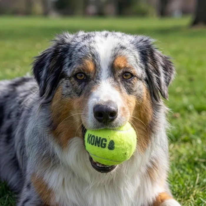 KONG SqueakAir Ball Large, dog holding ball