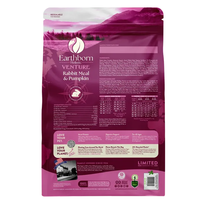Earthborn Holistic Venture Rabbit Meal Pumpkin 25 lb back