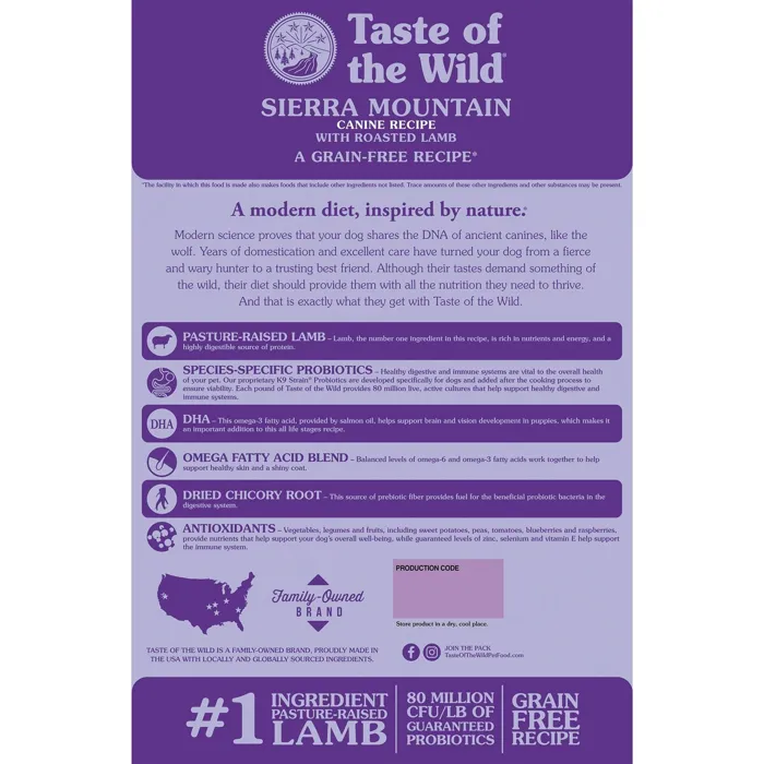 Taste of the Wild Sierra Mountain back label