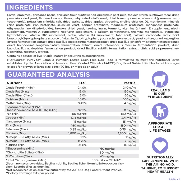 PureVita Lamb & Pumpkin Entrée ingredients and analysis
