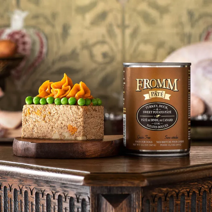Fromm Turkey, Duck & Sweet Potato Pâté served with vegetables