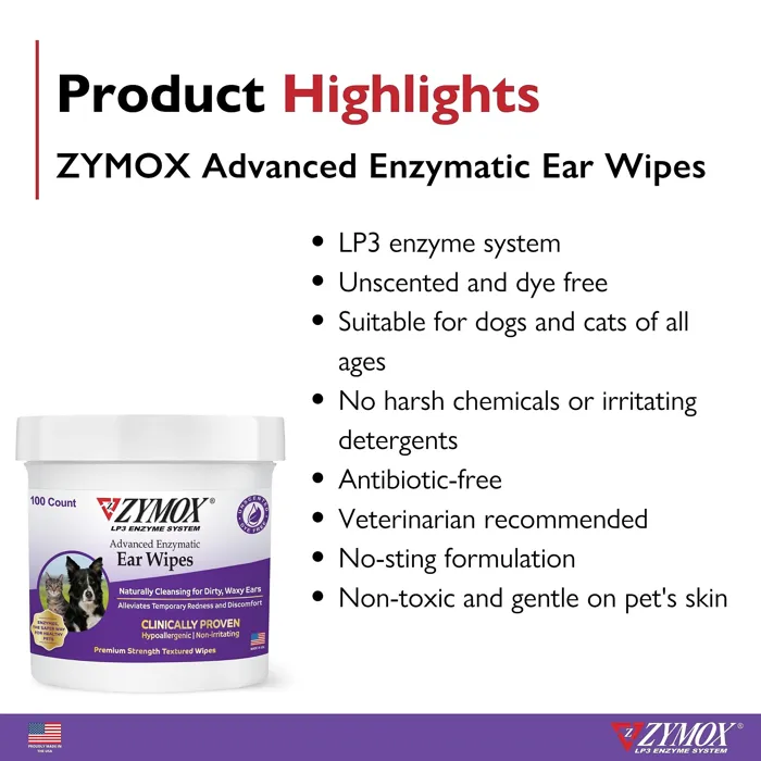 Zymox Advanced Enzymatic Ear Wipes product highlights graphic