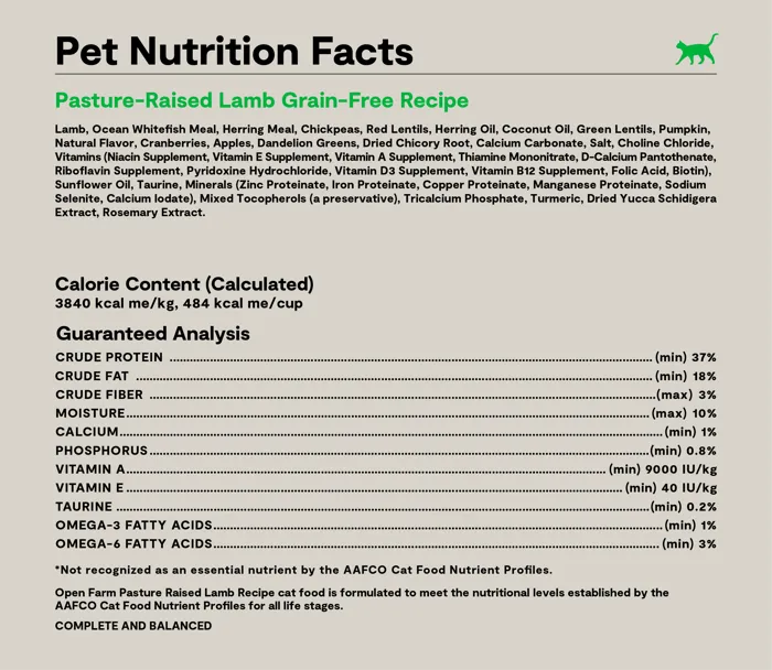 Open Farm Pasture-Raised Lamb Grain-Free Cat Kibble nutrition label
