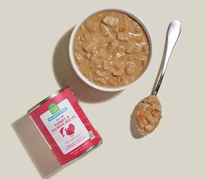Open Farm Turkey & Salmon Hearty Stew can with food