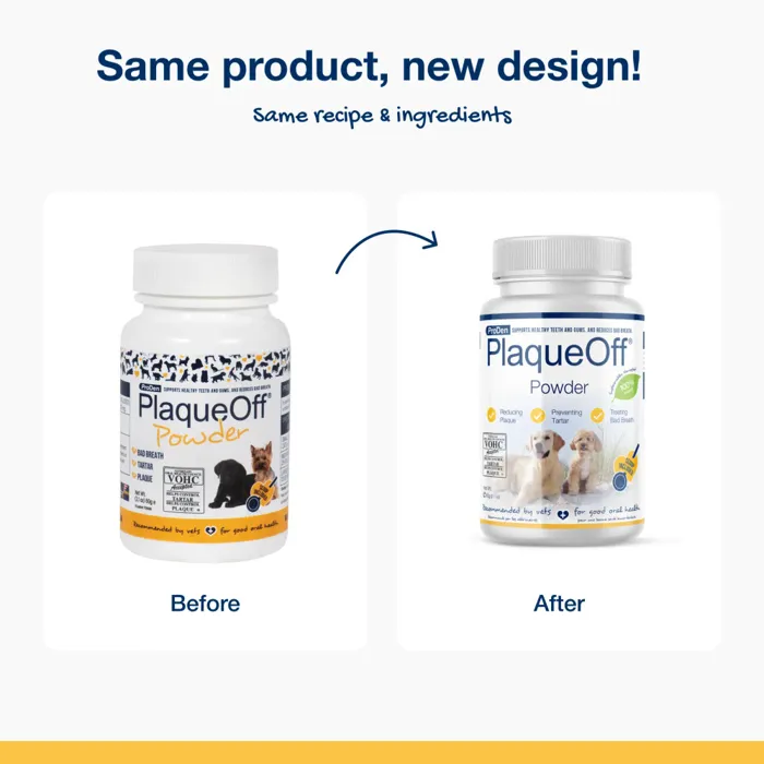 PlaqueOff Powder before and after packaging comparison