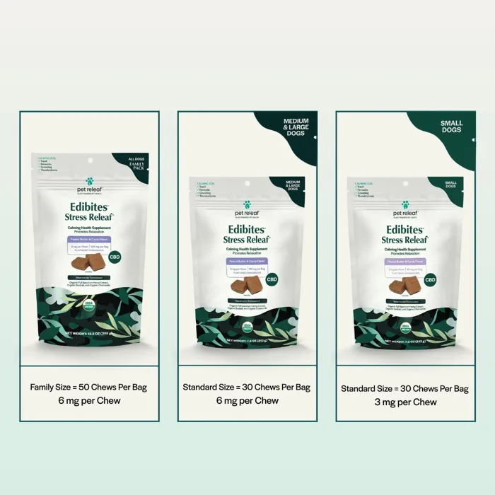 Pet Releaf Stress Releaf Edibites peanut butter carob size comparison