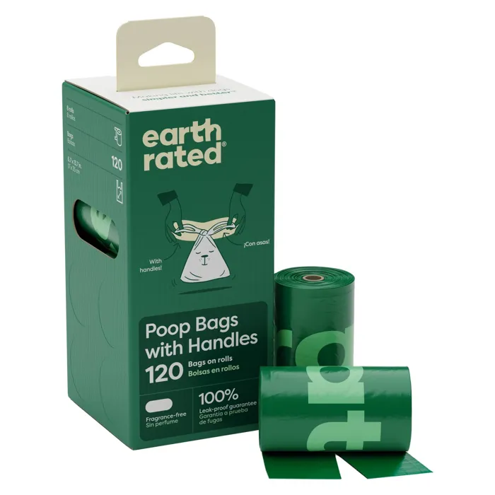 Earth Rated unscented handle poop bags 120 count front and rolls