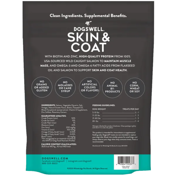 Dogswell Skin & Coat Salmon Jerky Recipe Grain-free Dog Treats 10-oz