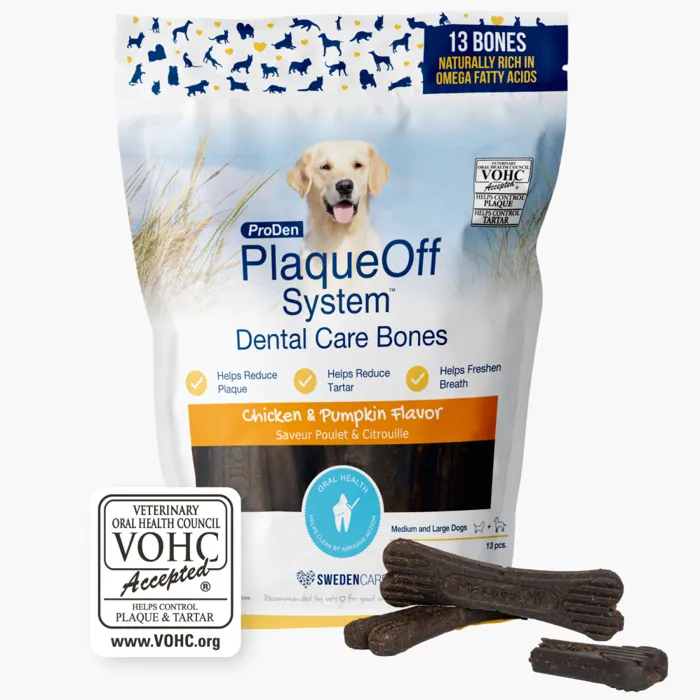 ProDen PlaqueOff Dental Care Bones Chicken Pumpkin 17-ounce bag front