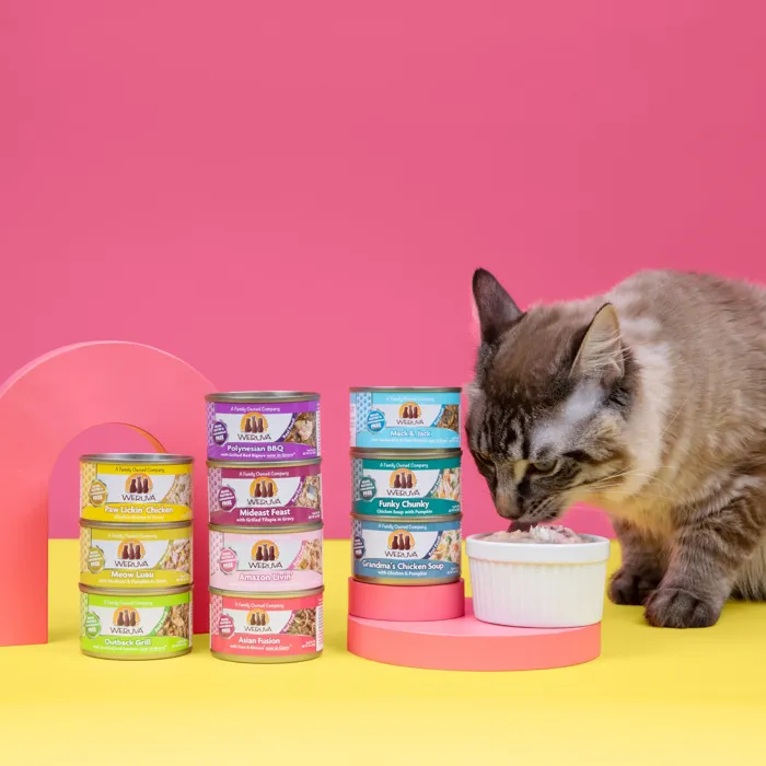 Weruva Funky Chunky cat food lifestyle with 3-ounce cans