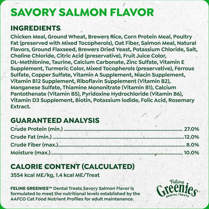 Greenies Feline Savory Salmon ingredients analysis label