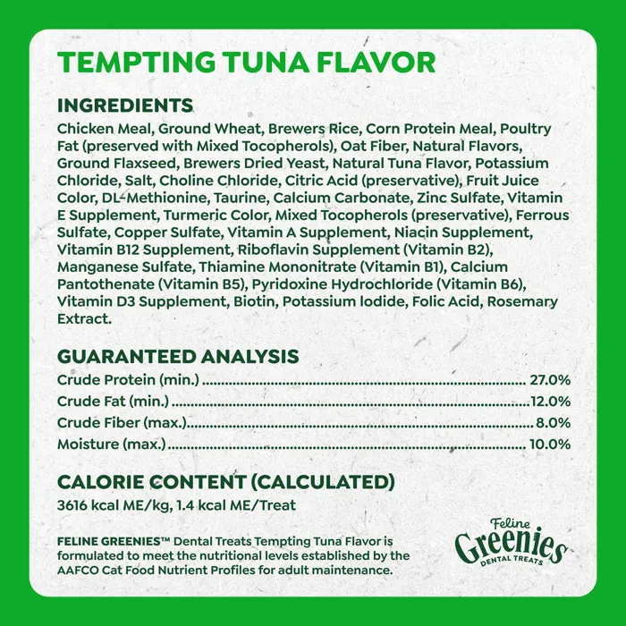 Greenies Feline Tempting Tuna ingredients and nutrition label