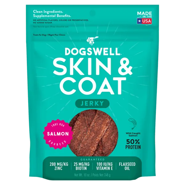 Dogswell Skin & Coat Salmon Jerky Recipe Grain-free Dog Treats 10-oz