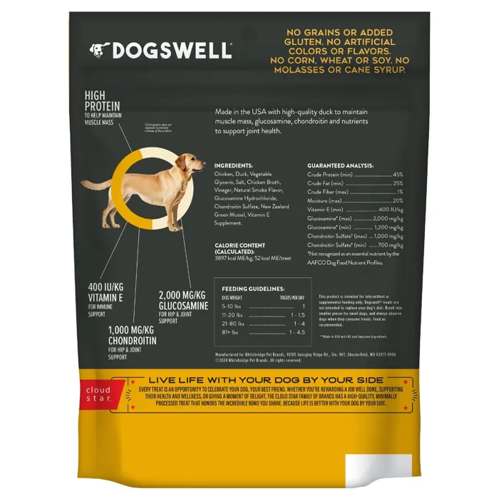 Dogswell Hip & Joint Duck Jerky 10 oz back