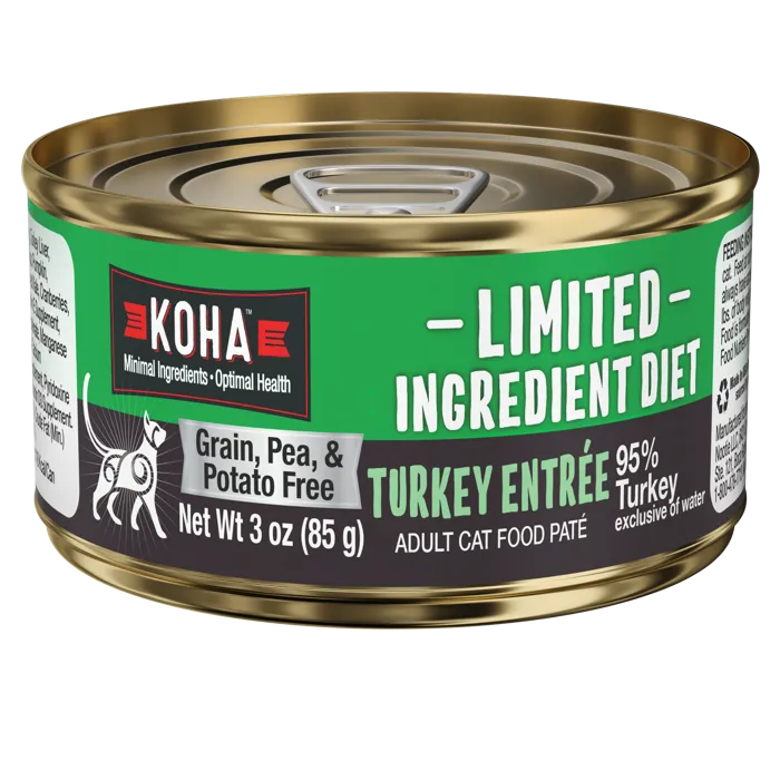 KOHA Limited Ingredient Turkey Entrée 3 oz can, angled view