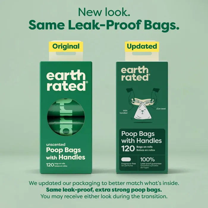 Earth Rated unscented handle poop bags original and updated packaging