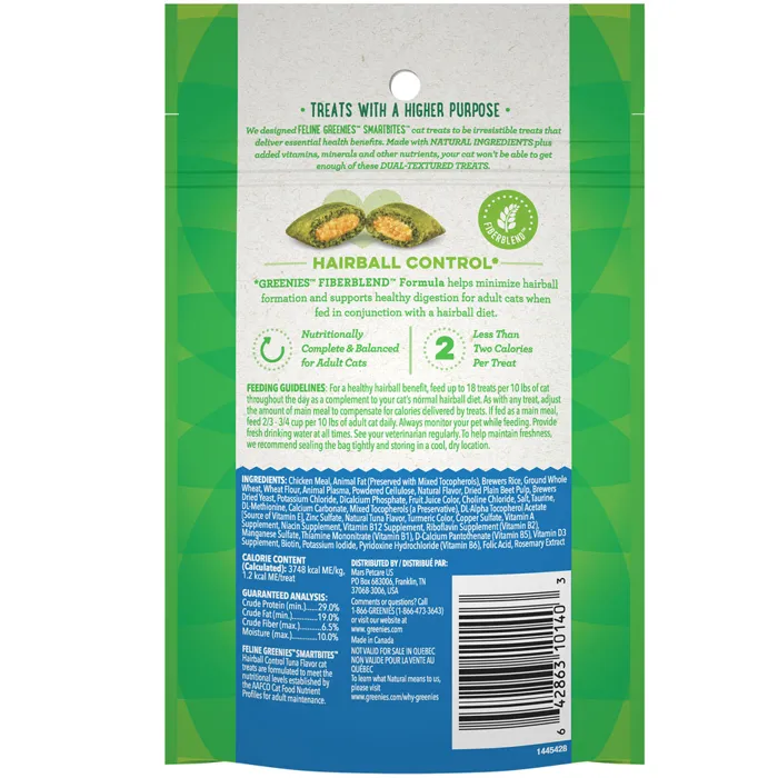Greenies Feline Smartbites Hairball Control tuna 2.1-ounce back