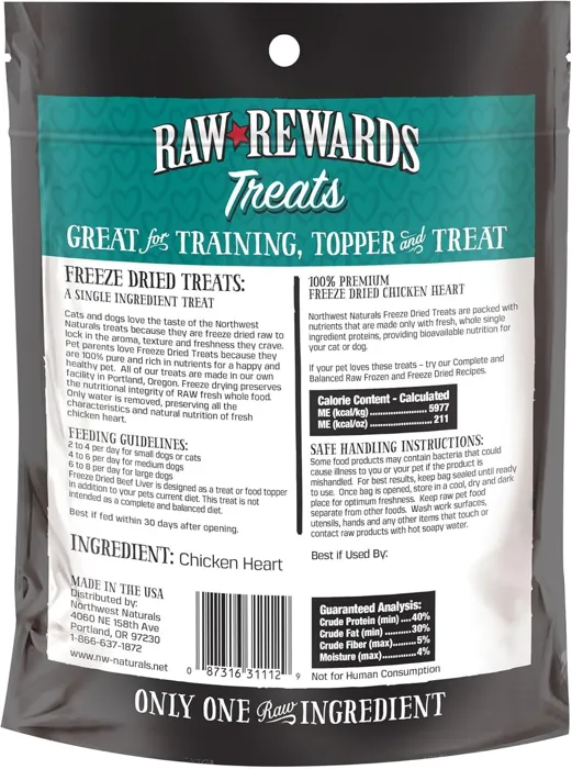 Northwest Naturals Raw Rewards Chicken Heart 3-oz bag back