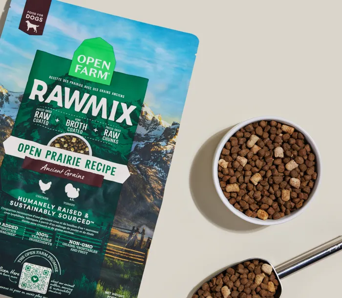 Open Farm RawMix Open Prairie Ancient Grains bag and bowl