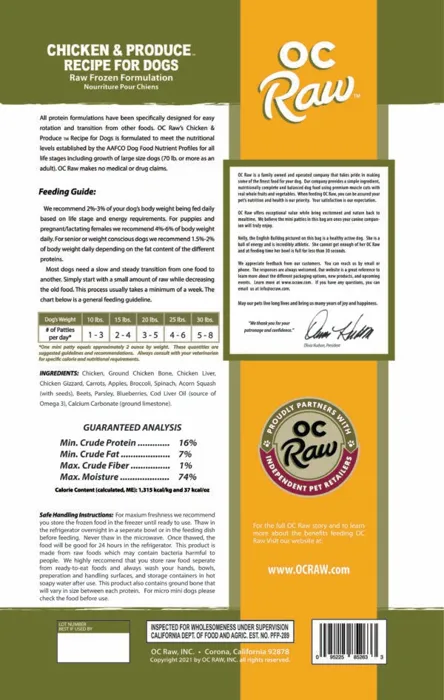 OC Raw Chicken & Produce 4-pound bag back label