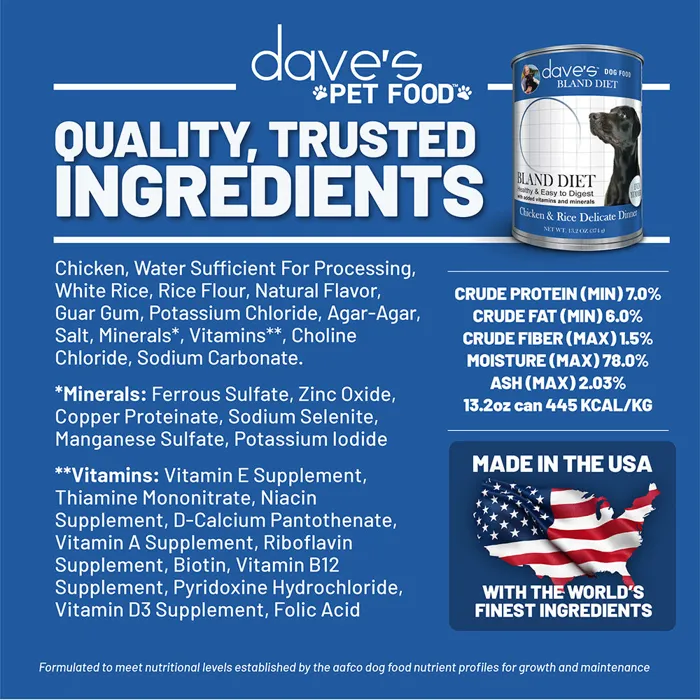 Dave's Restricted Bland Chicken and Rice ingredients graphic