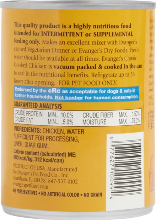 Evanger's Heritage Classic Cooked Chicken can back label