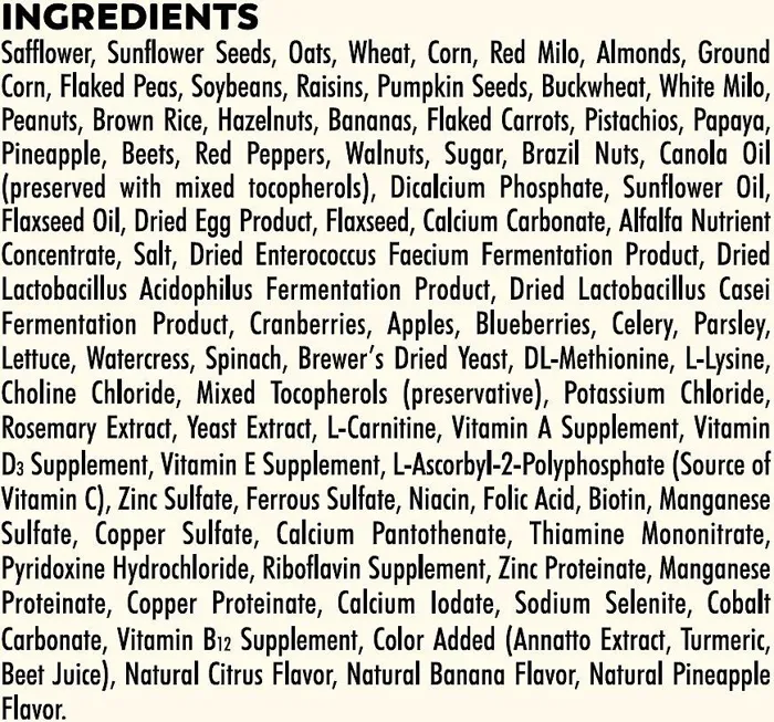 Higgins Sunburst Gourmet Blend Parrot 3lb ingredients label