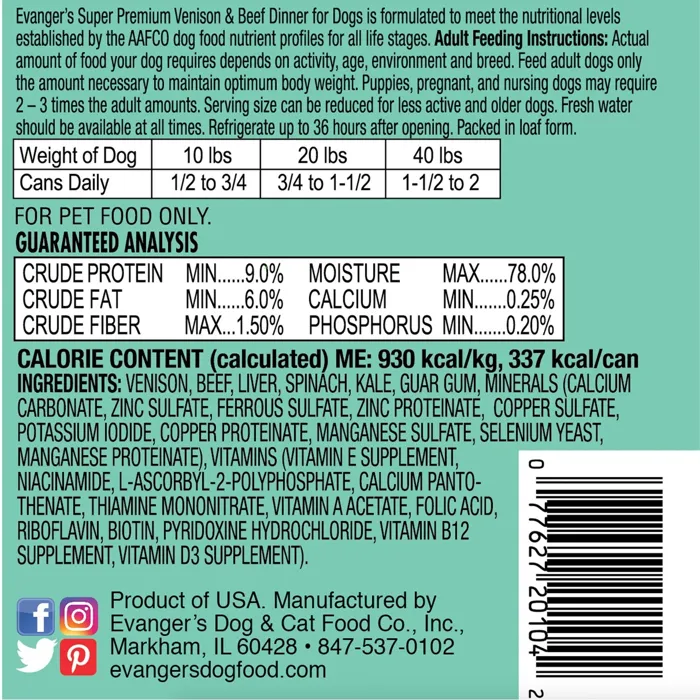 Evanger's Venison and Beef Dinner back label