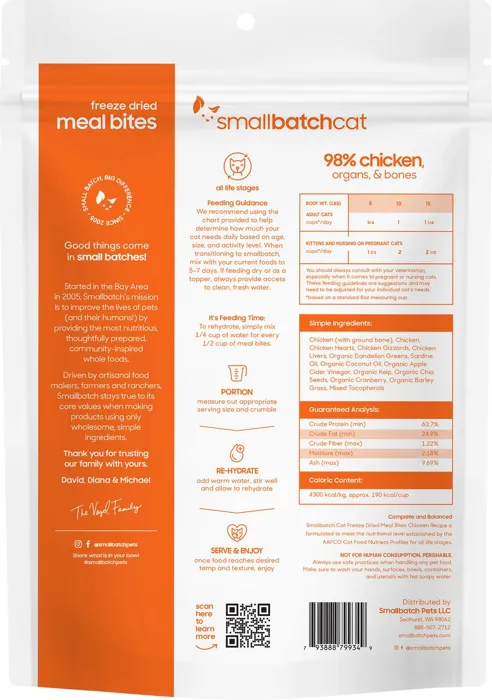 Smallbatch Chicken Meal Bites cat food 10 oz back label