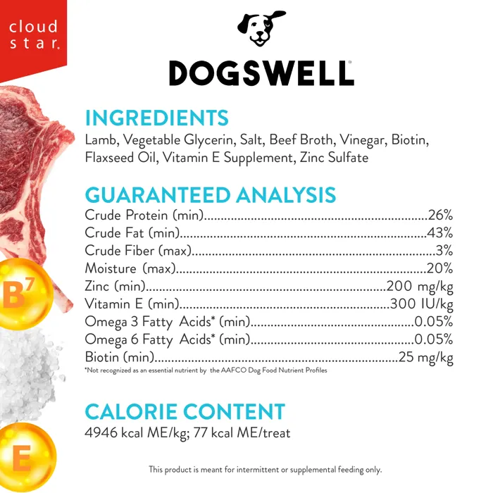 Dogswell Skin & Coat Lamb Jerky 10 oz ingredients panel