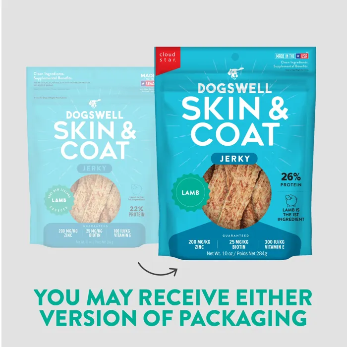 Dogswell Skin & Coat Lamb Jerky 10 oz packaging comparison