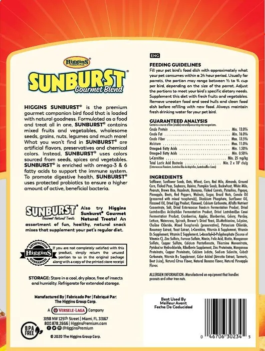 Higgins Sunburst Gourmet Blend Parrot 3lb back label
