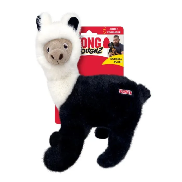 KONG Toughz Llama dog toy, black and white, medium, packaged front view