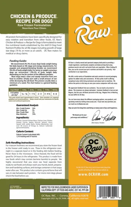 OC Raw Chicken & Produce 6.5 lb bag back label