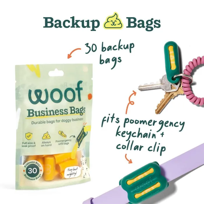 Woof Business Bags 30-count refill pack lifestyle