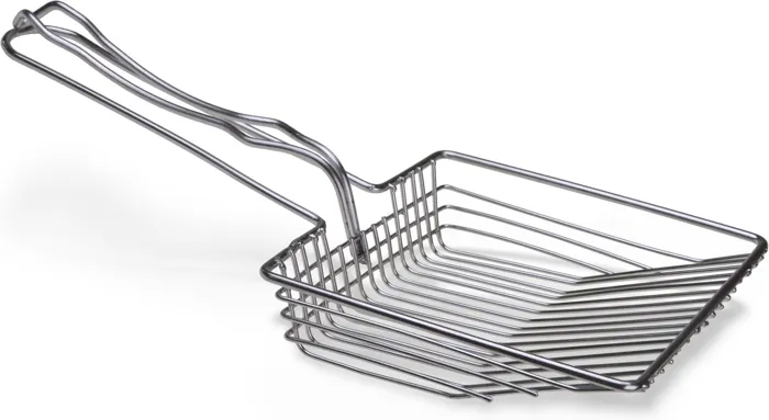 Van Ness stainless steel litter scoop, angled front view