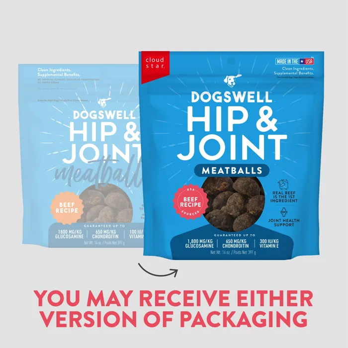 Dogswell Hip & Joint Meatballs packaging versions