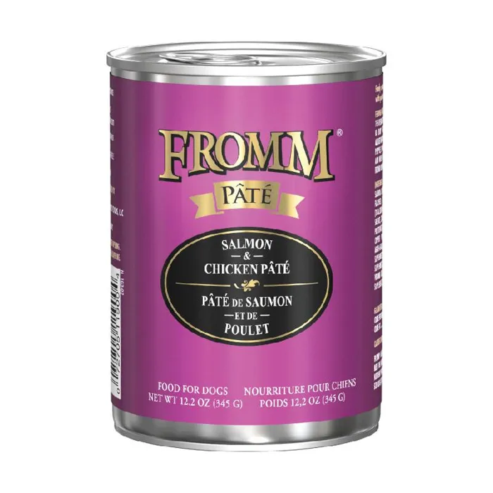 Fromm Salmon & Chicken Pâté dog food 12.2 oz can, angled view