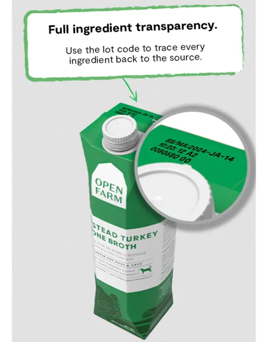 Open Farm Homestead Turkey Bone Broth 32 oz carton cap close-up