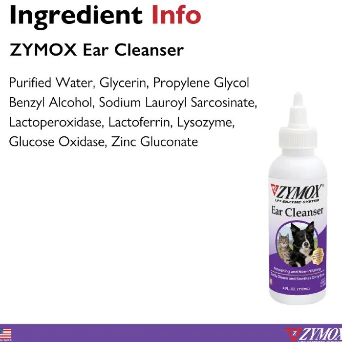 Zymox Ear Cleanser ingredient information graphic