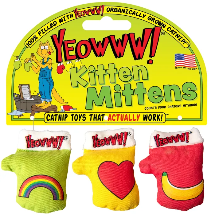 Yeowww! Kitten Mittens Yellow packaging, three-color product display