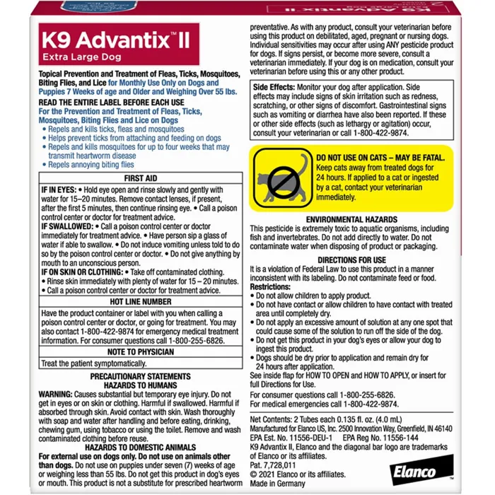 K9 Advantix II Extra Large Dog 2-Pack back label