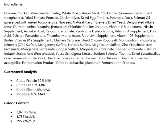 Fromm Gold Adult Dry Cat Food ingredients panel