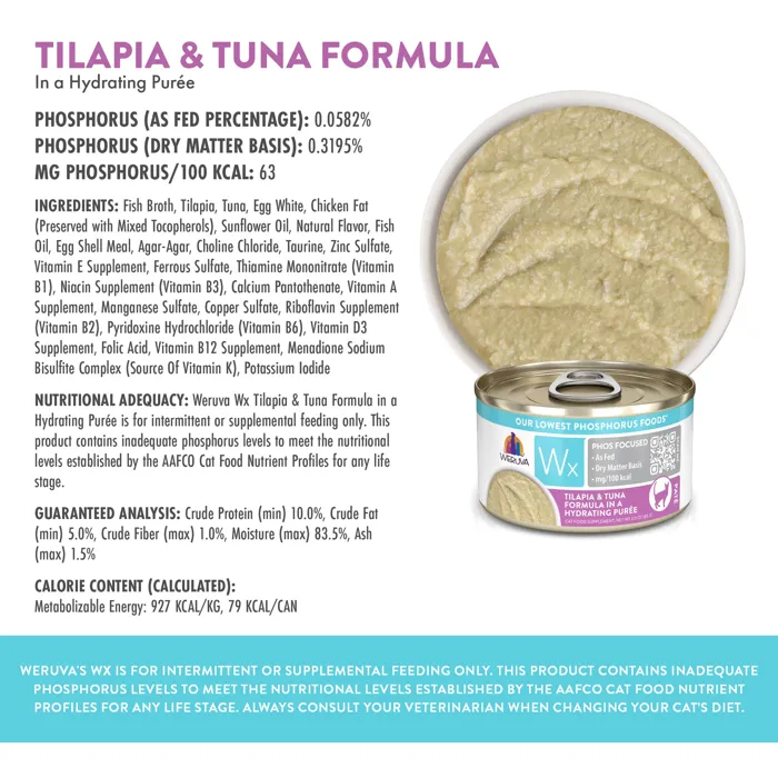 Weruva Wx tilapia and tuna puree label close-up