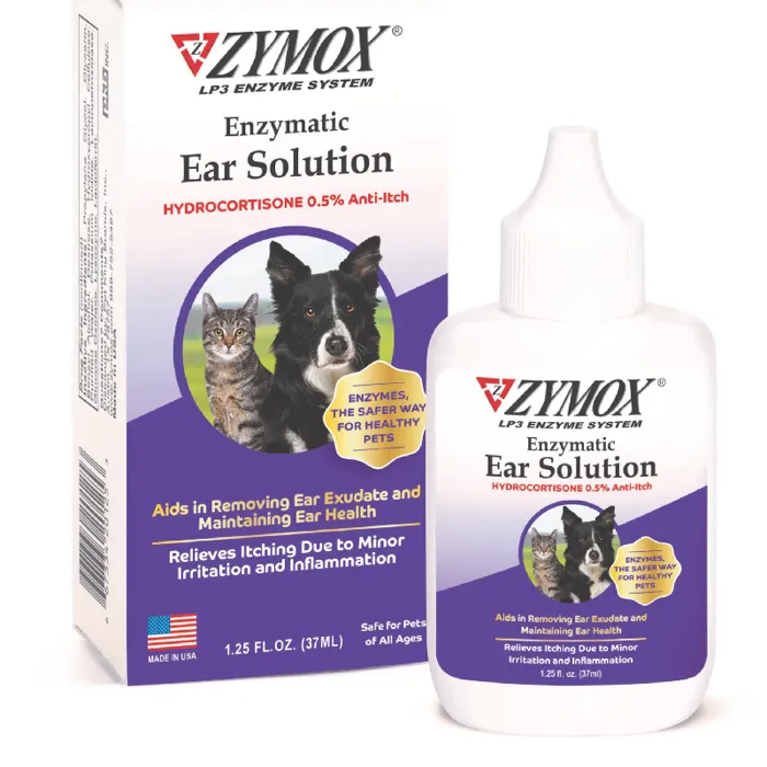 Zymox Ear Care Solution With .5% Hydrocortisone For Dogs & Cats 1.25-oz Bottle