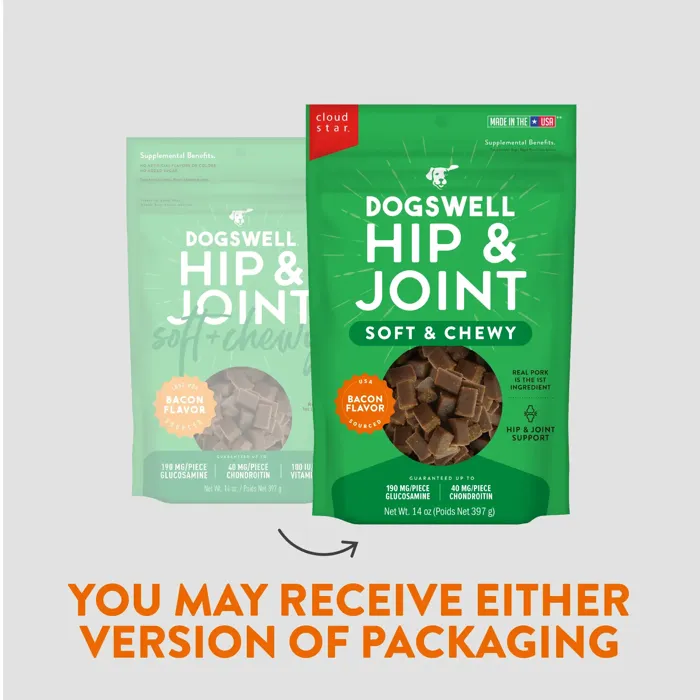 Dogswell Hip & Joint Bacon 14 oz packaging versions