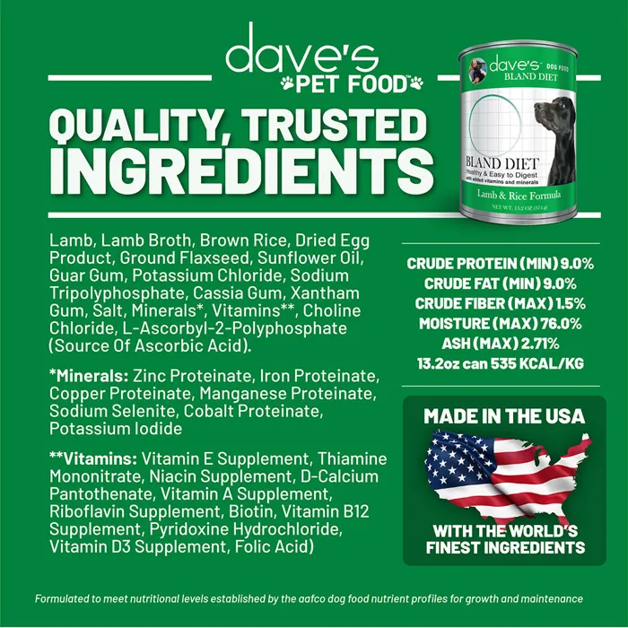 Dave's Restricted Bland Lamb & Rice 13.2 oz nutrition graphic