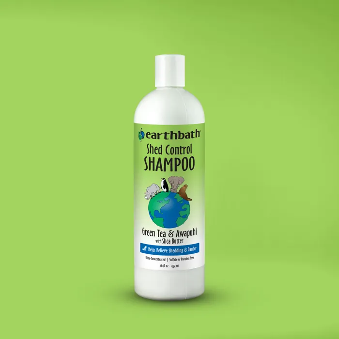 Earthbath Shed Control Shampoo Green Tea Awapuhi on green background