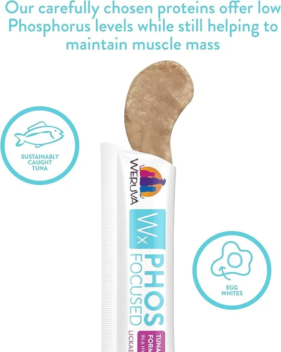Weruva Wx Phos Focused Tuna treat tube with tuna and egg-white callouts